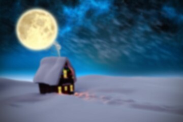 Small wooden cabin is glowing under full moon with smoke, footprints on snow in flat design