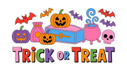 Vector art of halloween pumpkins and bats with trick or treat isolated on white