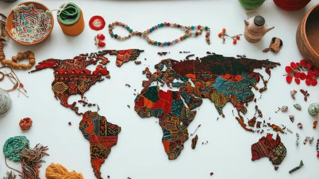 Colorful fabric world map surrounded by crafting supplies