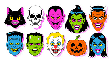 Vector art of cartoon halloween monster faces isolated on white background