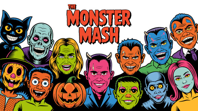 Vector art of monster mash cartoon characters isolated on white background