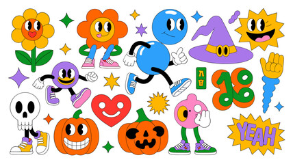 Obraz premium Vector art of retro cartoon halloween characters isolated on white background