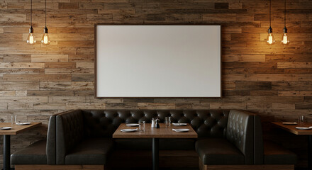 Restaurant booth seating with blank frame rustic wood wall