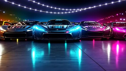 Vibrant lineup of high-performance cars illuminated by colorful lights at a racing event
