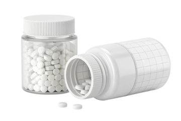 Two white plastic pill bottles with white tablets and caps one upright and one lying down isolated on transparent background