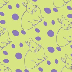 Central purple line-drawn rabbit is featuring in pale green sketch-style pattern with purple ovals