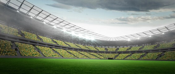 Obraz premium Flat design stadium interior showing grass pitch with yellow green seats, featuring floodlights