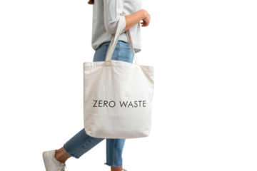 Woman wearing jeans and a linen shirt carries a white canvas tote bag with the words zero waste printed on it isolated on transparent background