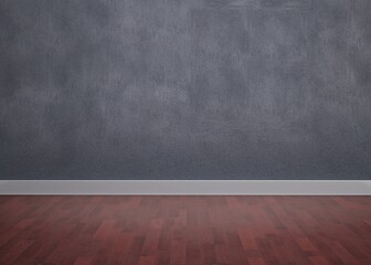 Empty room is showcasing flat design grey textured wall, white baseboard, reddish hardwood floor