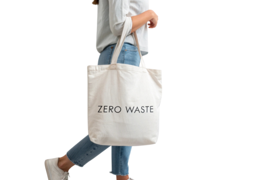 Woman wearing jeans and a linen shirt carries a white canvas tote bag with the words zero waste printed on it isolated on transparent background - Powered by Adobe