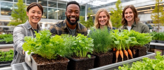 Happy gardeners tending to fresh produce