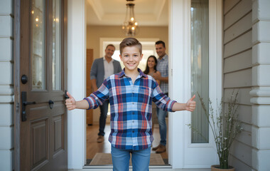Fototapeta premium Boy opening the door to his home. Generative AI 