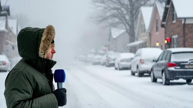 Man reports on heavy snowfall in winter neighborhood