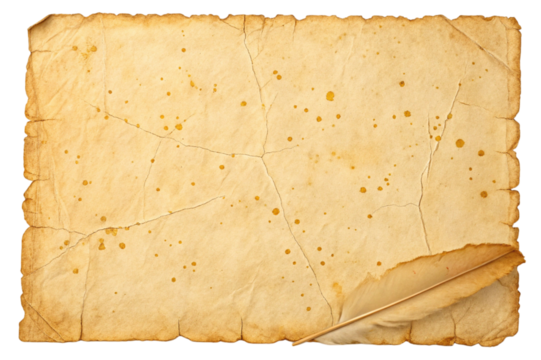 A textured antique parchment paper with a quill pen feather resting on its corner isolated on transparent background - Powered by Adobe