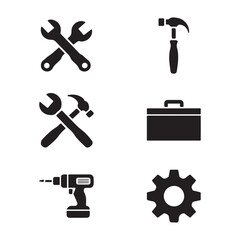 Repair tools icon set in black and white, including wrench, gear, toolbox, screwdriver, hammer vector illustration on white background