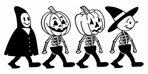 Cartoon Halloween Parade of Costumed Characters in Black and White Featuring Pumpkins a Witch and a Ghost