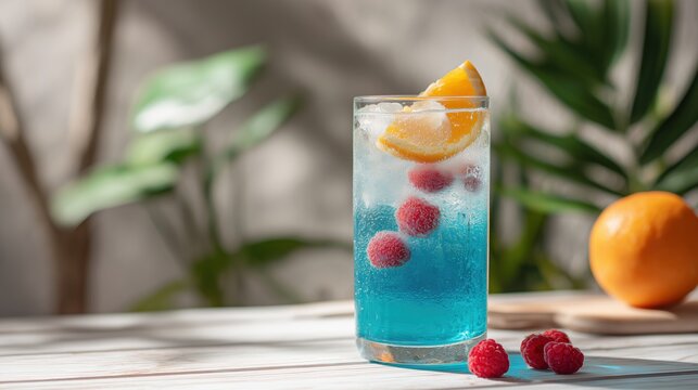 Refreshing blue raspberry drink with orange slice in outdoor setting
