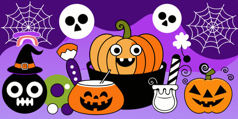 Fun and Spooky Halloween Illustration with Pumpkins Skeletons Candy and Witch Hat on a Purple Background for Kids and Holiday Celebrations