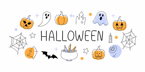 Obraz premium Whimsical Halloween Illustration with Pumpkins Ghosts and Spooky Elements in a Playful Hand Drawn Style for Festive Designs