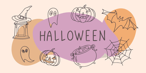 Fototapeta premium Halloween Line Art Illustration with Pumpkins Ghosts Bat Witch Hat Spider Web and Cauldron on a Pastel Background