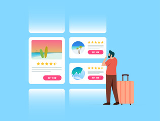Travel booking platform with vacation deals, trip rating and destination reviews. Traveler browsing travel booking options with suitcase and buy now buttons. Travel booking flat vector illustration