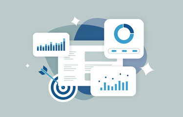 Obraz na płótnie Canvas Marketing analytics dashboard with performance graphs, conversion metrics and campaign reports. Digital marketing analytics to track results with marketing analytics dashboard vector illustration
