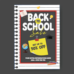 Back to school sale offer and sale promotion flyer or poster template, school admission and educational print flyer or poster, online learning and kindergarten leaflet, brochure cover design