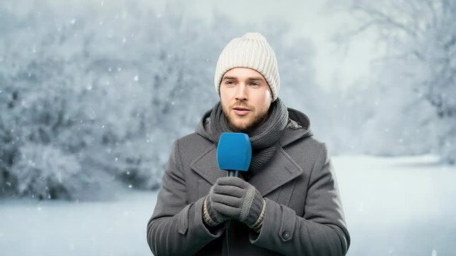 Caucasian man reporting in snowfall, wearing winter clothing and holding microphone