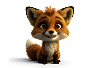 Obraz premium A charming 3D animated fox rendered with soft fur and vibrant orange hues sits attentively Its large expressive eyes and cheerful grin convey a sense of playful innocence