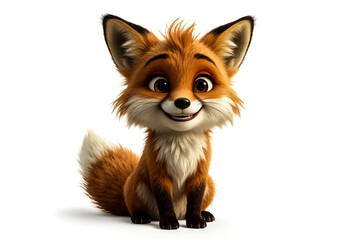 Obraz premium A charming digitally rendered fox with bright orange fur large expressive eyes and a bushy white-tipped tail sits attentively Its mouth is open in a wide friendly smile