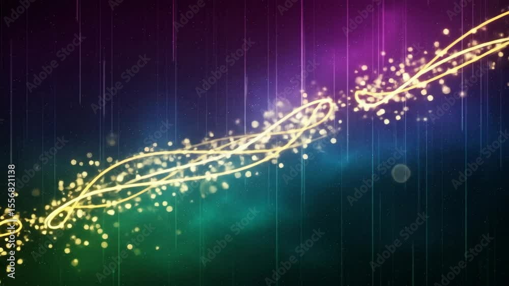 Poster wavy golden lines and sparkling particles moving across a gradient background with dynamic light eff
