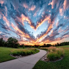 Heart-shaped clouds at sunset over a park path