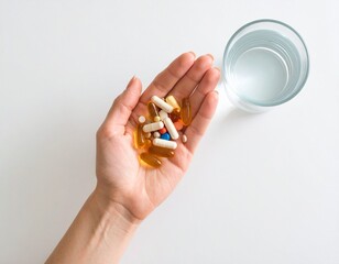 健康的な生活習慣：手の中にカラフルなサプリメントとコップ一杯の水 - 栄養摂取とウェルネスの日常