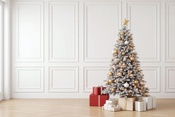 white christmas tree with presents under it in a room