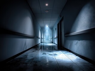 Long hospital corridor at night