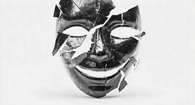 A shattered black mask with a smiling expression lies broken on a white background symbolizing a loss of identity or emotional breakdown