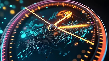 Close-up of a futuristic clock face displaying vibrant colors and digital elements with glowing lights - Powered by Adobe