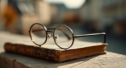 Vintage round eyeglasses rest on an antique leather bound book suggesting a scholarly or historical theme with a soft blurred background