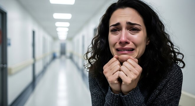 A distraught woman with tears streaming down her face stands in a sterile hallway, hands clasped in distress.