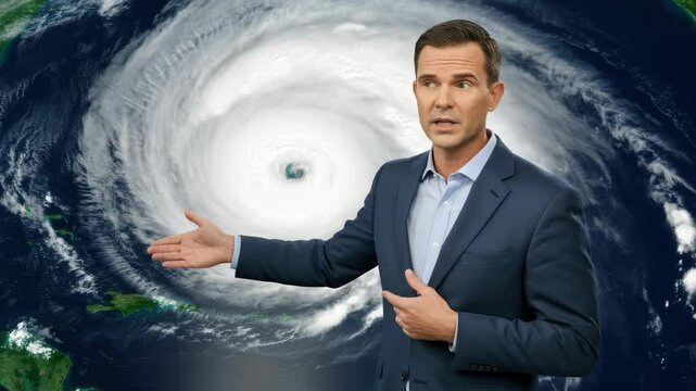 Caucasian male meteorologist explains hurricane formation using satellite imagery
