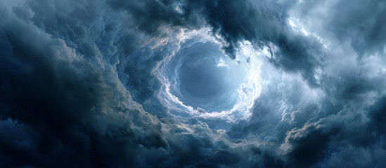 Tunnel of Light in Clouds. massive circular cloud formation with dark center resembling vortex in sky dreamy surreal anime cartoon aesthetic background