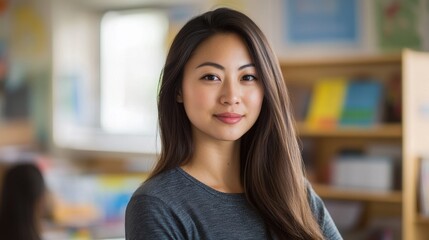 A confident young female teacher in a bright classroom, embodying professionalism and engagement, creating a vibrant learning environment for students.