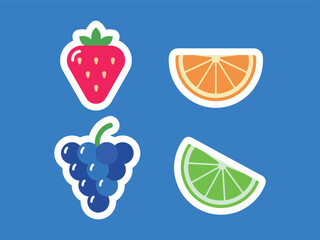 Flat Design Four Assorted Fruits Strawberry Orange Grapes Lime Icon Set