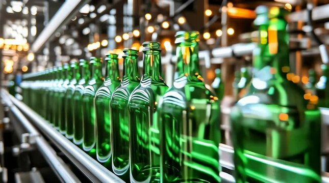 Rows of green glass bottles lined up in a beverage factory setting.