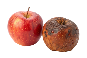 Juxtaposition of a fresh red apple next to a rotten spoiled apple isolated on transparent background