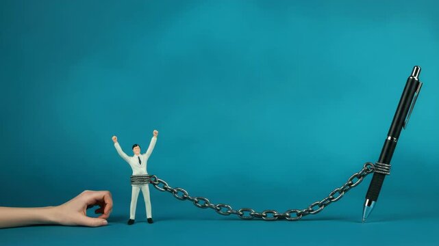 Caucasian male figurine in suit chained to pen Hand pulls chain