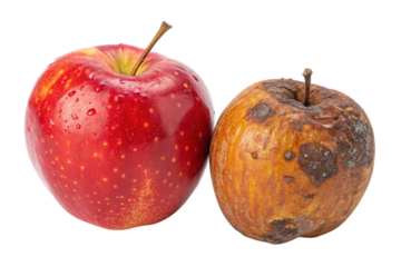 A fresh red apple with water droplets next to a spoiled rotten apple isolated on transparent background