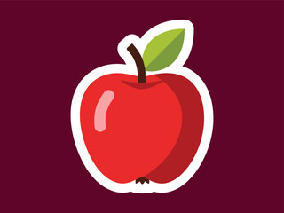 Flat Style Fresh Red Apple Fruit with Leaf and Stem Illustration