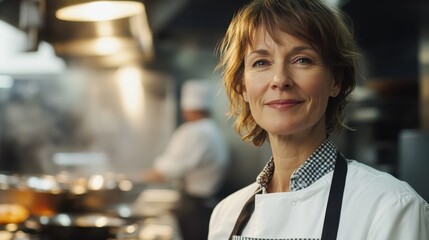 A confident middle-aged European female chef poses in a professional kitchen, showcasing her culinary skills and passion for cooking in a vibrant restaurant atmosphere.