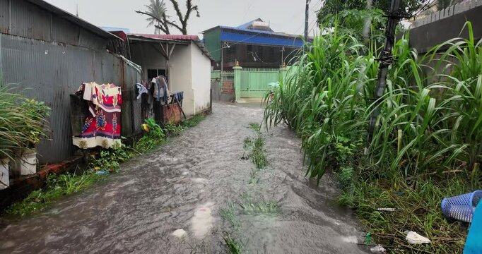 This is a ground level view of the flooded alley. A murky, sil -laden current flows down the center of the narrow path, transforming it into a temporary river during a heavy rainstorm in the village. 